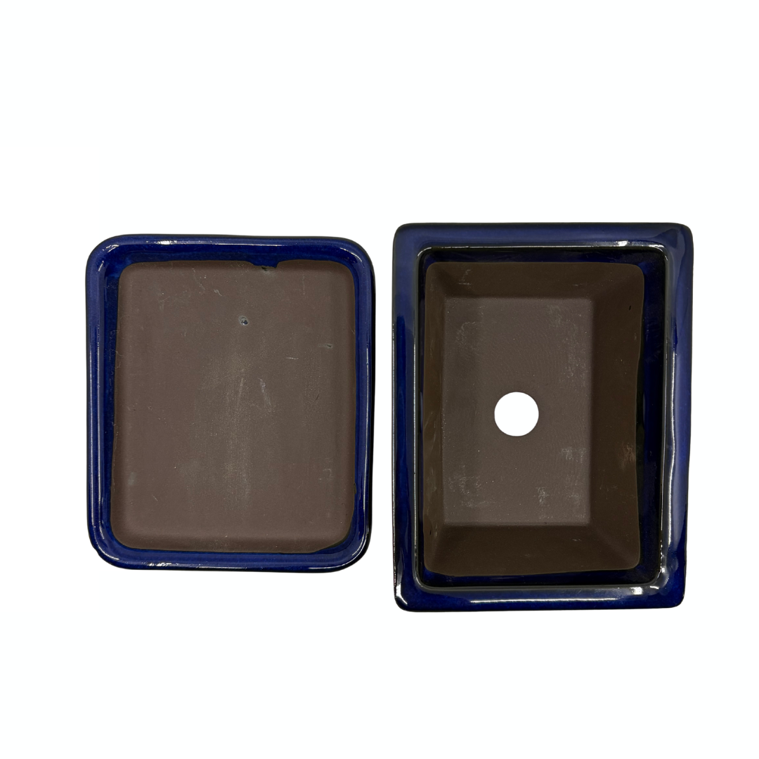 Bonsai pot set - rechthoekig, geglazuurd, blauw (14cm breed)