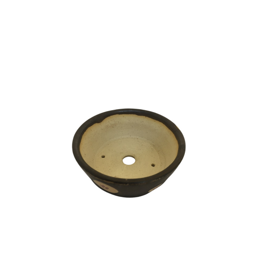 Shohin bonsai pot bruin met creme/rode bloemen rond 7cm