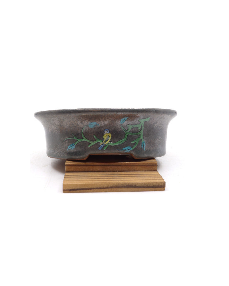 Bonsai pot handgeschilderde vogel ovaal 16cm
