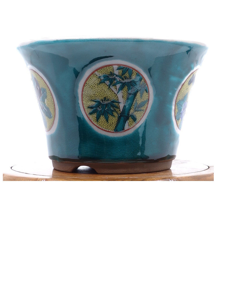 Bonsai pot Kutani yaki 'Matsutake Ume' hand geschilderde groene pot 12cm