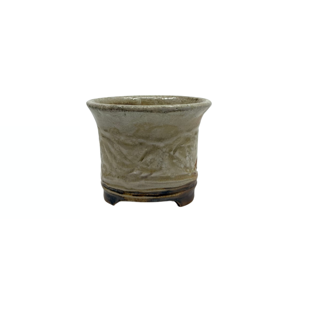 Shohin Bonsai pot crème met gekruiste lijnen René Lecocq 9cm