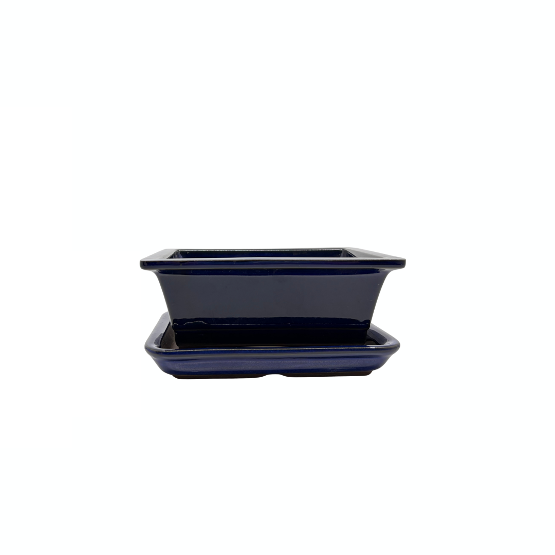 Bonsai pot set - rechthoekig, geglazuurd, blauw (14cm breed)