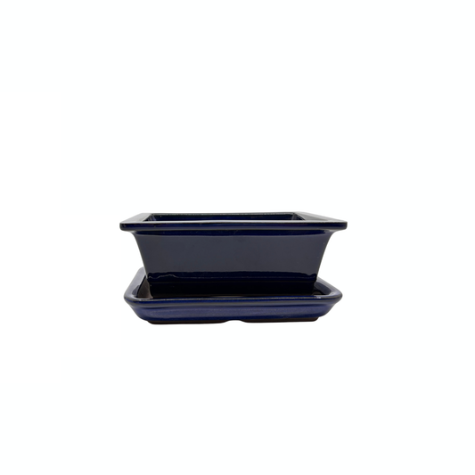 Bonsai pot set - rechthoekig, geglazuurd, blauw (14cm breed)