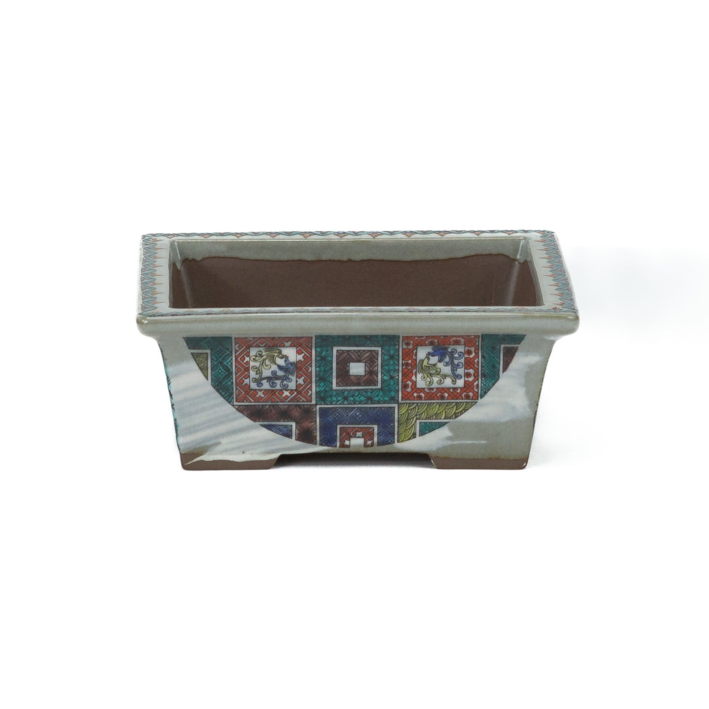 Bonsai pot Kutani yaki 'Ishidatami' rechthoekig multi-kleuren 13cm