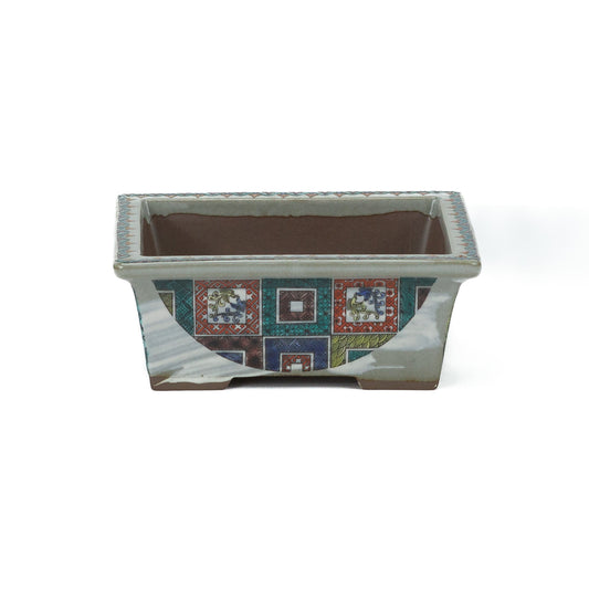 Bonsai pot Kutani yaki 'Ishidatami' rechthoekig multi-kleuren 13cm